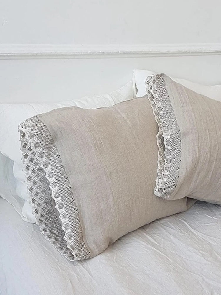 Linen LACE BEDDING SET farmhouse chic in natural flax or white linen - lace comforter set - Twin Queen