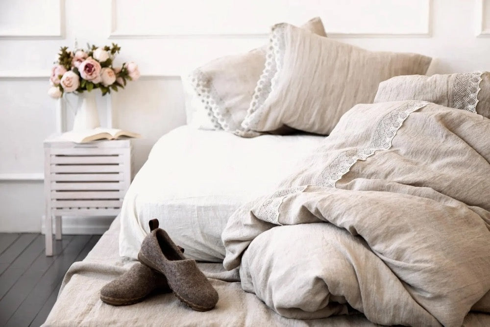 Lace Linen Bedding Set: Natural Flax Duvet Cover & Pillowcases