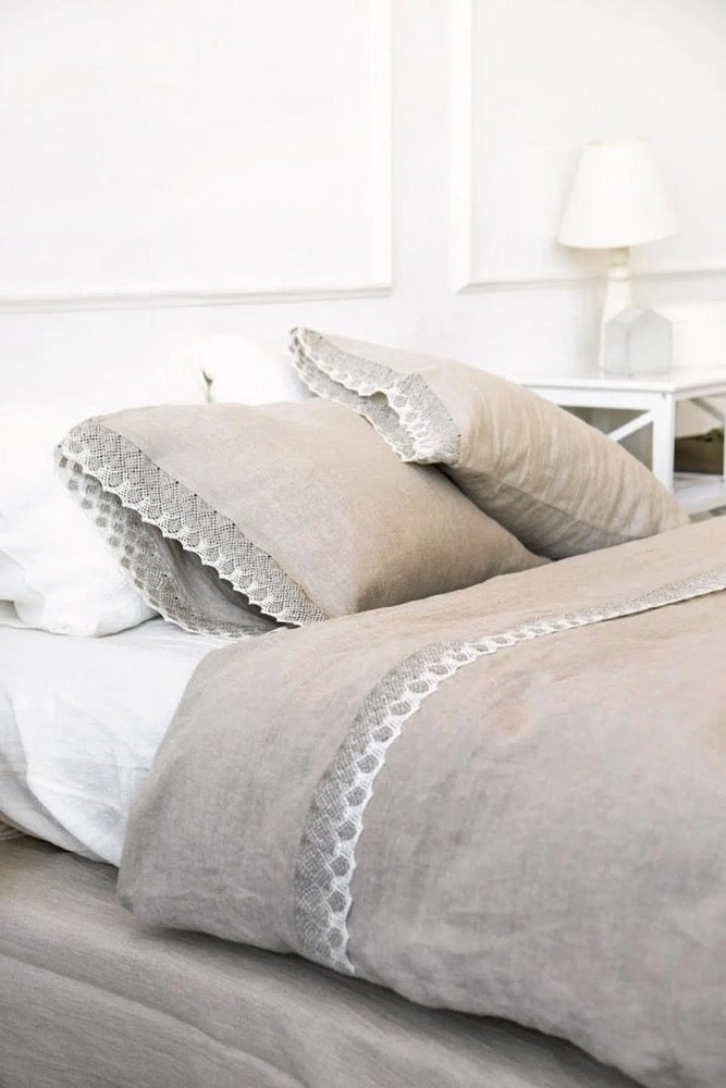 Lace Linen Bedding Set: Natural Flax Duvet Cover & Pillowcases