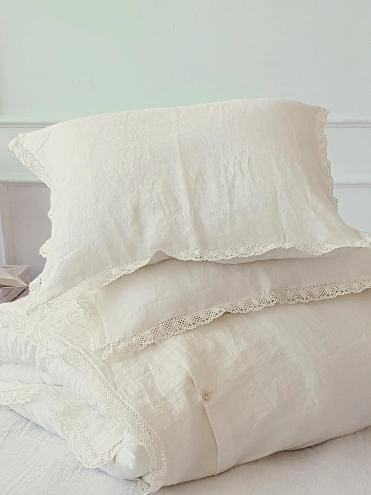 Linen Lace Duvet Set, Off White European Flax Bedding, Farmhouse Chic Cottage Style