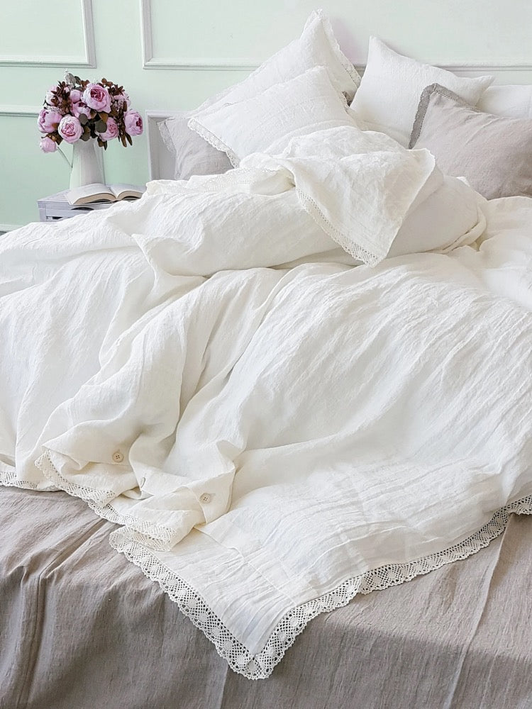 Lace DUVET COVER in Off-white Softened Linen, Quilt Cover - Romantic Cottagecore Duvet Cover