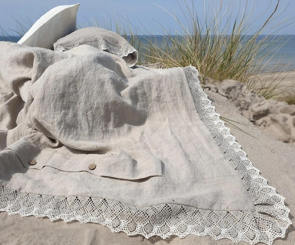 Linen LACE BEDDING SET farmhouse chic in natural flax or white linen - lace comforter set - Twin Queen