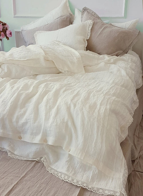 Lace DUVET COVER in Off-white Softened Linen, Quilt Cover - Romantic Cottagecore Duvet Cover