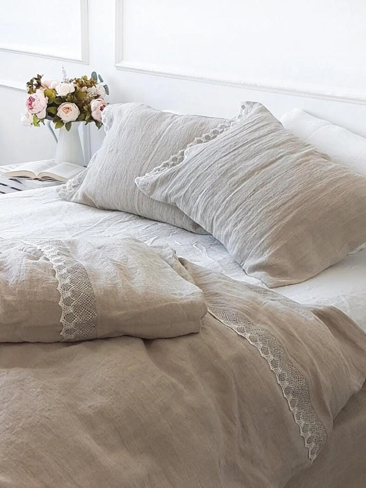 Lace Linen Bedding Set: Natural Flax Duvet Cover & Pillowcases