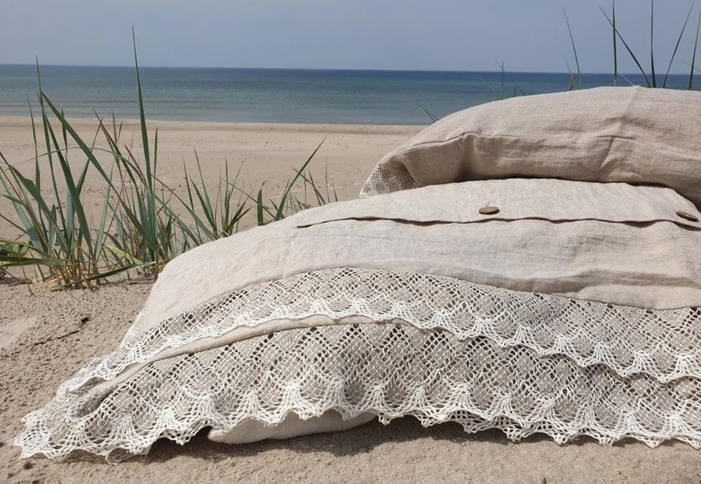 Linen LACE BEDDING SET farmhouse chic in natural flax or white linen - lace comforter set - Twin Queen