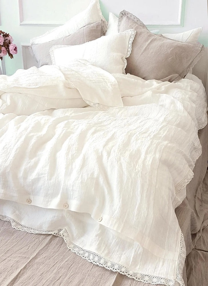 Linen Lace Duvet Set, Off White European Flax Bedding, Farmhouse Chic Cottage Style