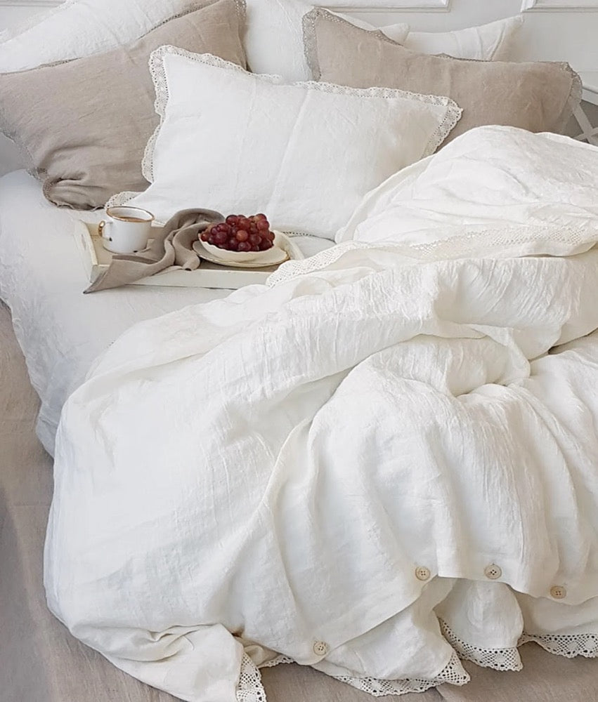 Lace DUVET COVER in Off-white Softened Linen, Quilt Cover - Romantic Cottagecore Duvet Cover