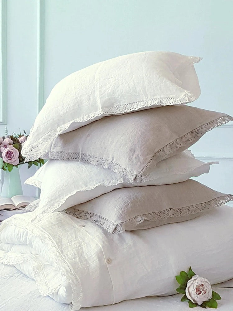 Linen Lace Duvet Set, Off White European Flax Bedding, Farmhouse Chic Cottage Style