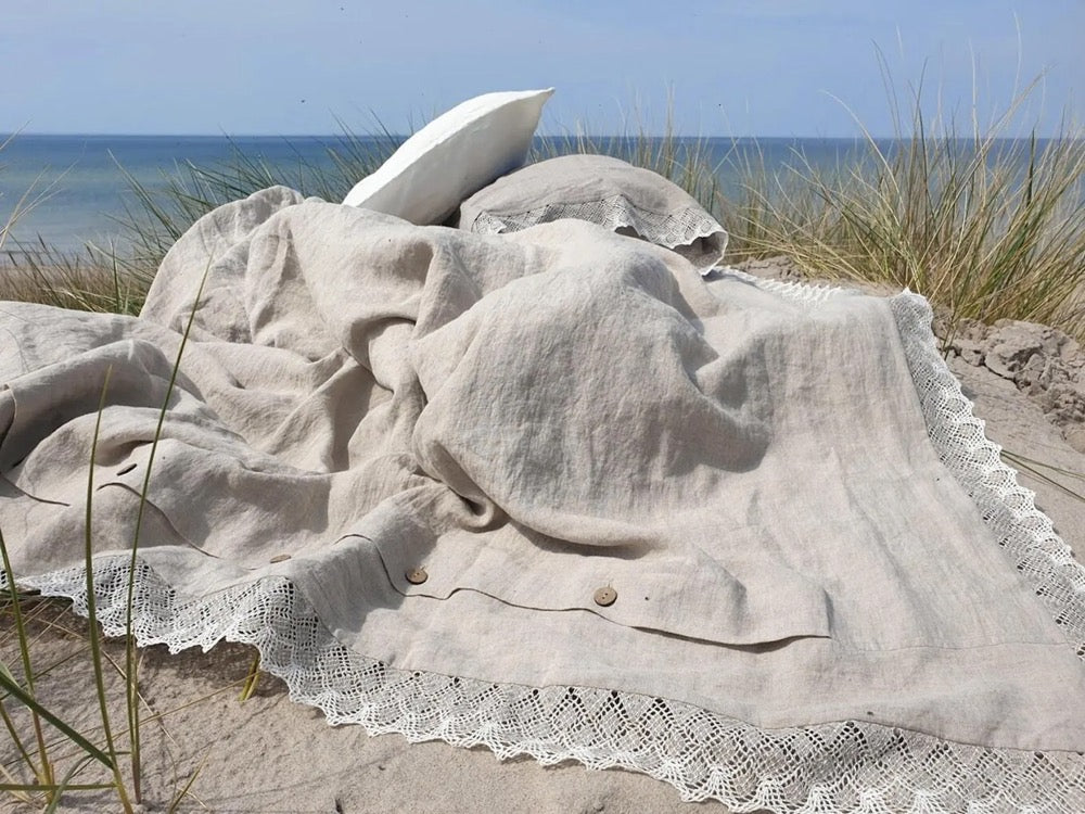 Linen LACE BEDDING SET farmhouse chic in natural flax or white linen - lace comforter set - Twin Queen