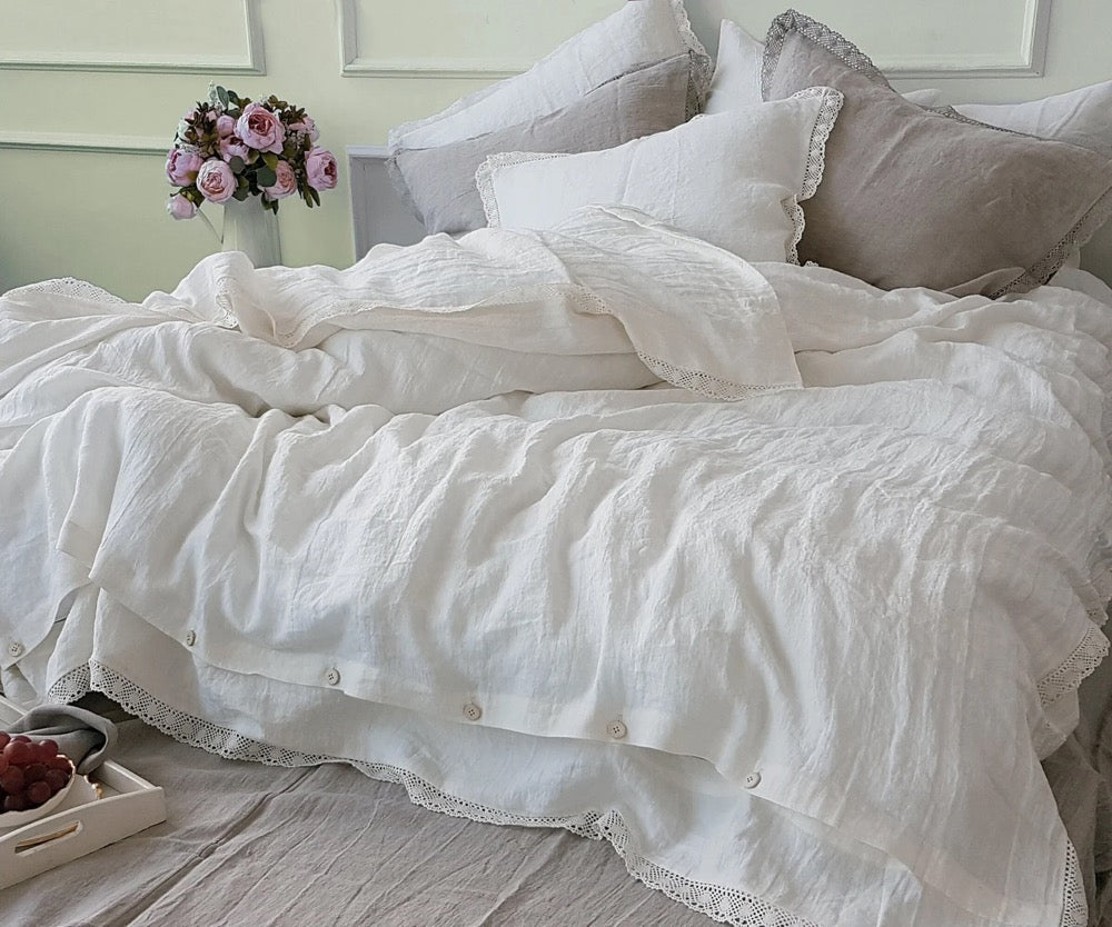 Linen Lace Duvet Set, Off White European Flax Bedding, Farmhouse Chic Cottage Style