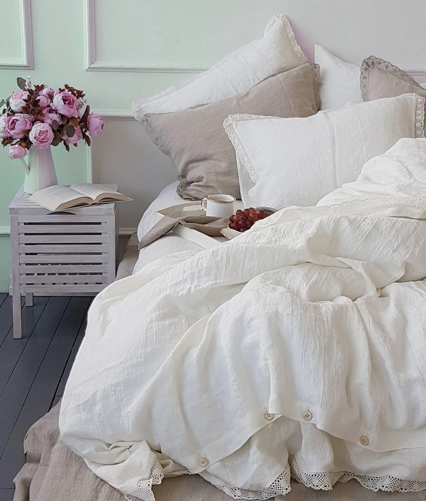 Lace DUVET COVER in Off-white Softened Linen, Quilt Cover - Romantic Cottagecore Duvet Cover